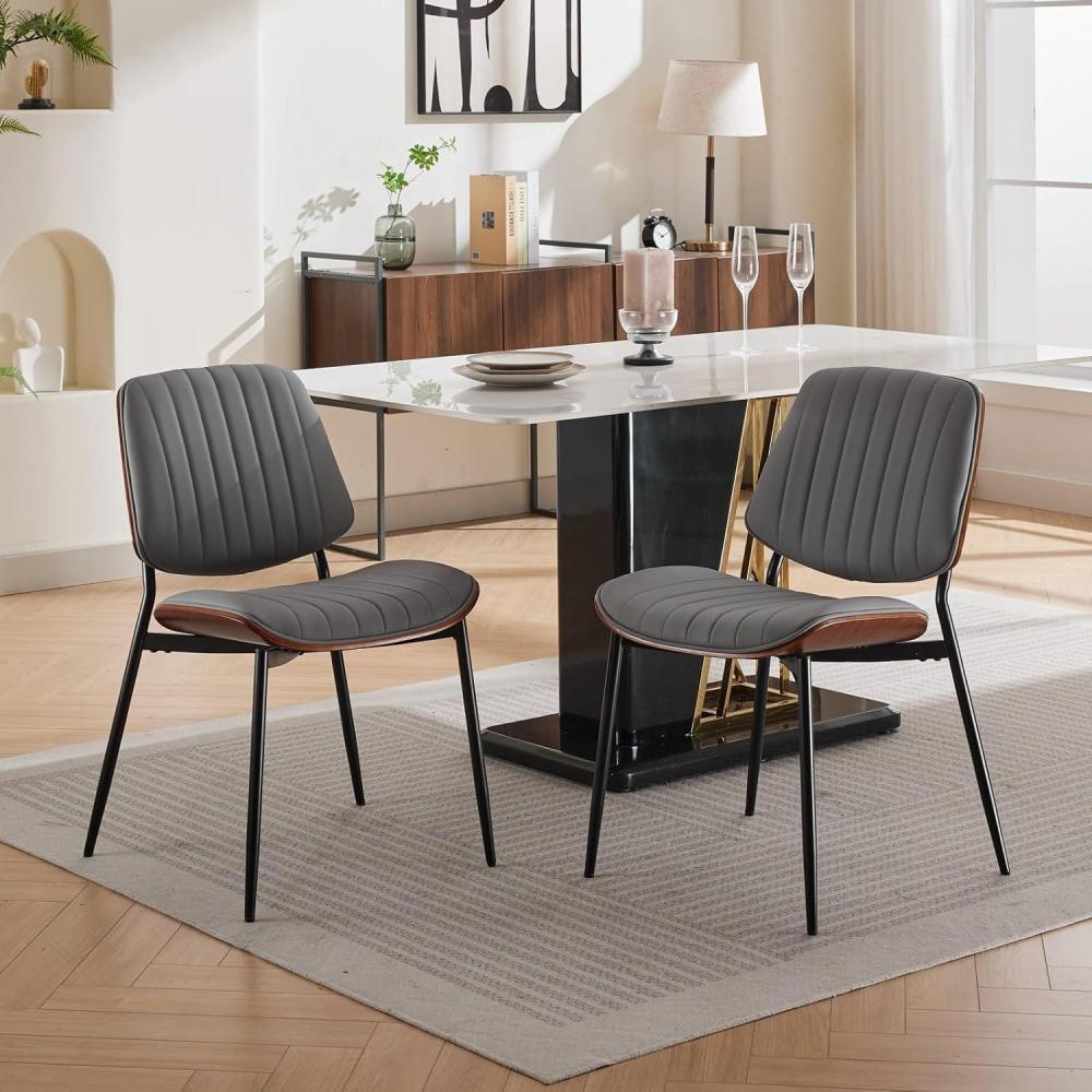 image:imageChristopher Knight Home Collin Dining Chairs Set of 2 Retro Faux Leather Armless Chair with Walnut Bentwood Back Upholstered Seat Metal Legs Adjustable Foot for Kitchen Dining Room Chairs Black PUGrey
