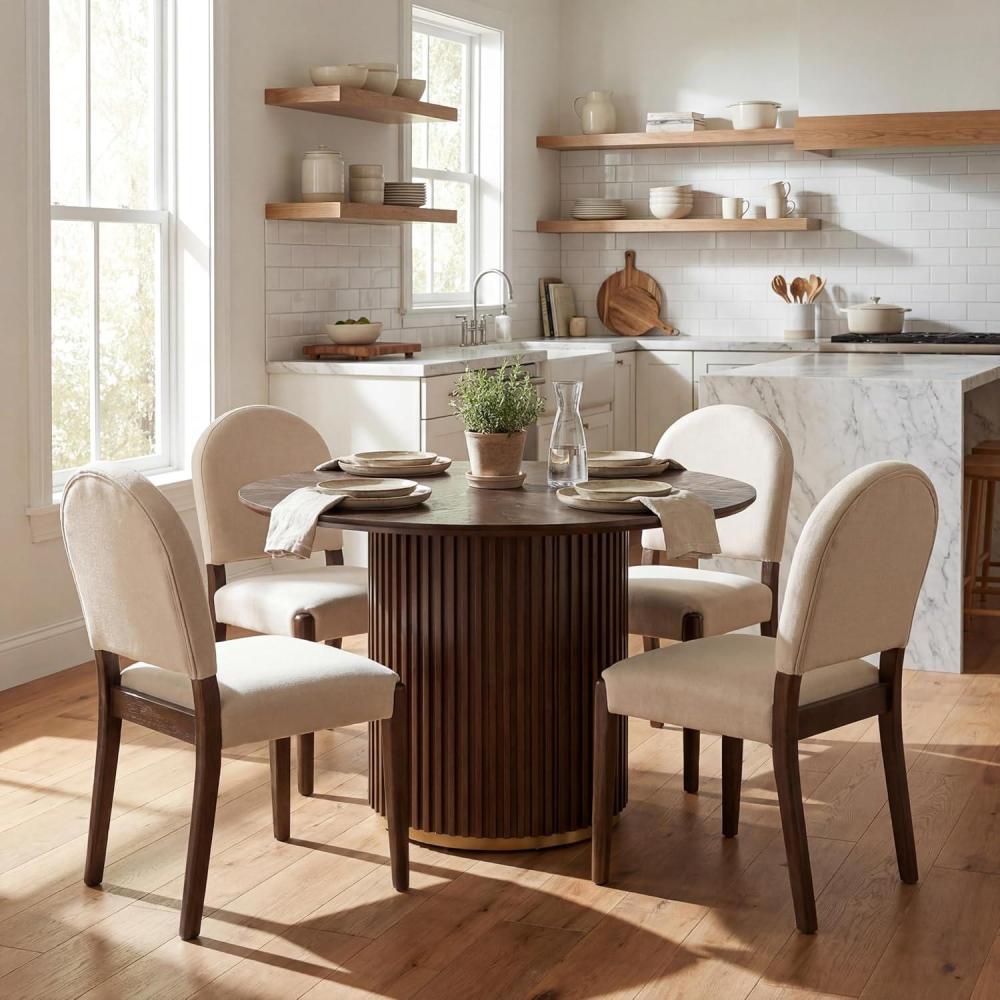 image:imageChristopher Knight Home Domira Modern Dining Table Set for 4 5Piece Wood Frame Dining Room Table Set Round Kitchen Table Chairs Set of 4 with Upholstered Armless Chairs Beige  WalnutBeige  Walnut