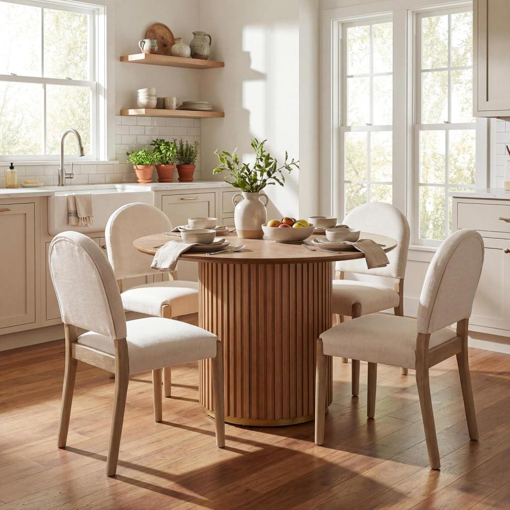 image:imageChristopher Knight Home Domira Modern Dining Table Set for 4 5Piece Wood Frame Dining Room Table Set Round Kitchen Table Chairs Set of 4 with Upholstered Armless Chairs Beige WalnutBeige Light Ash Natural