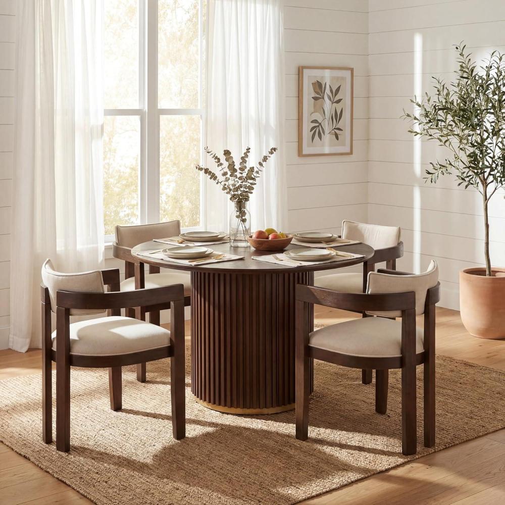 image:imageChristopher Knight Home Falcon Modern Round Dining Table Set for 4 5 Piece Dining Room Table Set for 4 Kitchen Table and Chair Set of 4 NaturalBeigeWalnutbeige