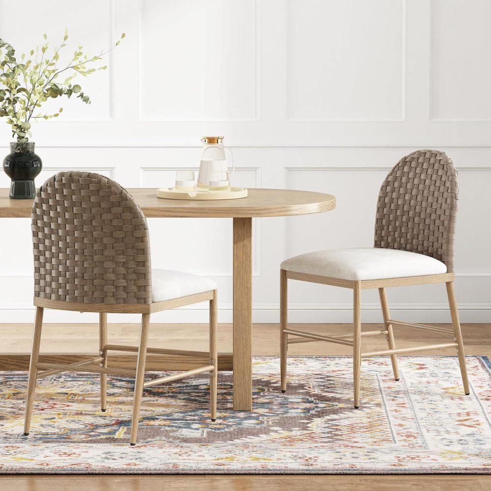 image:imageChristopher Knight Home Haetae Fabric Upholstered Dining Chairs Set of 2 Farmhouse Kitchen Chairs with PE Rattan Backrest Armless Chair with Iron Frame Extra Seating for Dining Room Beige  Brown