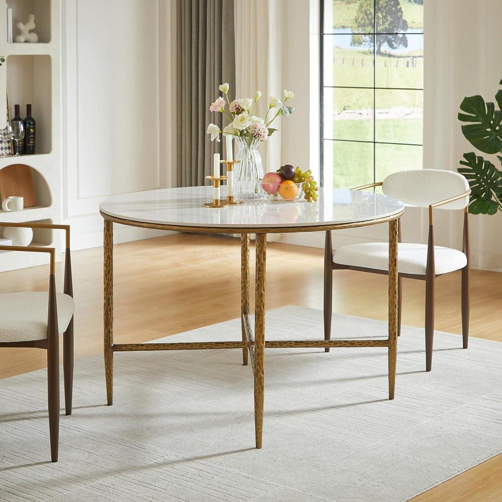 image:imageChristopher Knight Home Peyria Modern Dining Table for 4 Round Dining Room Table with Sintered Stone Top Spacious Kitchen Table with HandForged Hammered Iron Legs Forged Pewter GrayForged Brass Brown