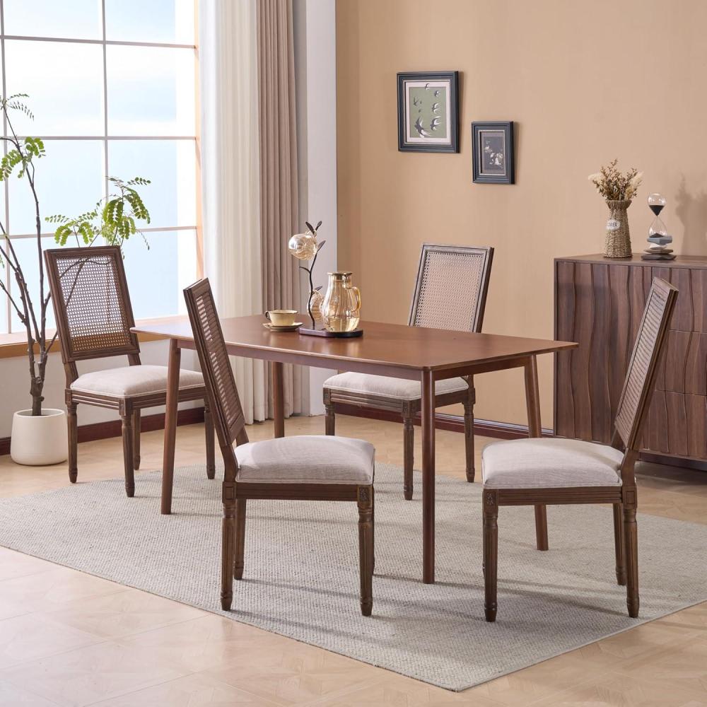 image:imageChristopher Knight Home Powell French Country Indoor Dining Chairs Set of 4 Wooden Dining Room Chair with Cane Backrest High Back Kitchen Seat Fabric Upholstered Armless Chair BeigeWalnut