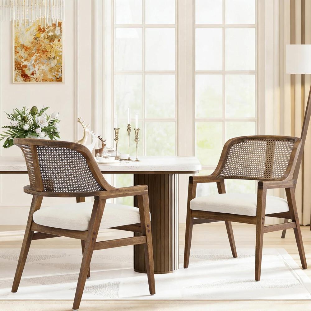 image:imageChristopher Knight Home Scout Dining Chairs Set of 2 Modern Dining Chair with Fabric Upholstery Rubberwood Frame Kitchen Arm Chairs with Cane Webbing Back Extra Seat for Dining Room BeigeWalnutBeigewalnut