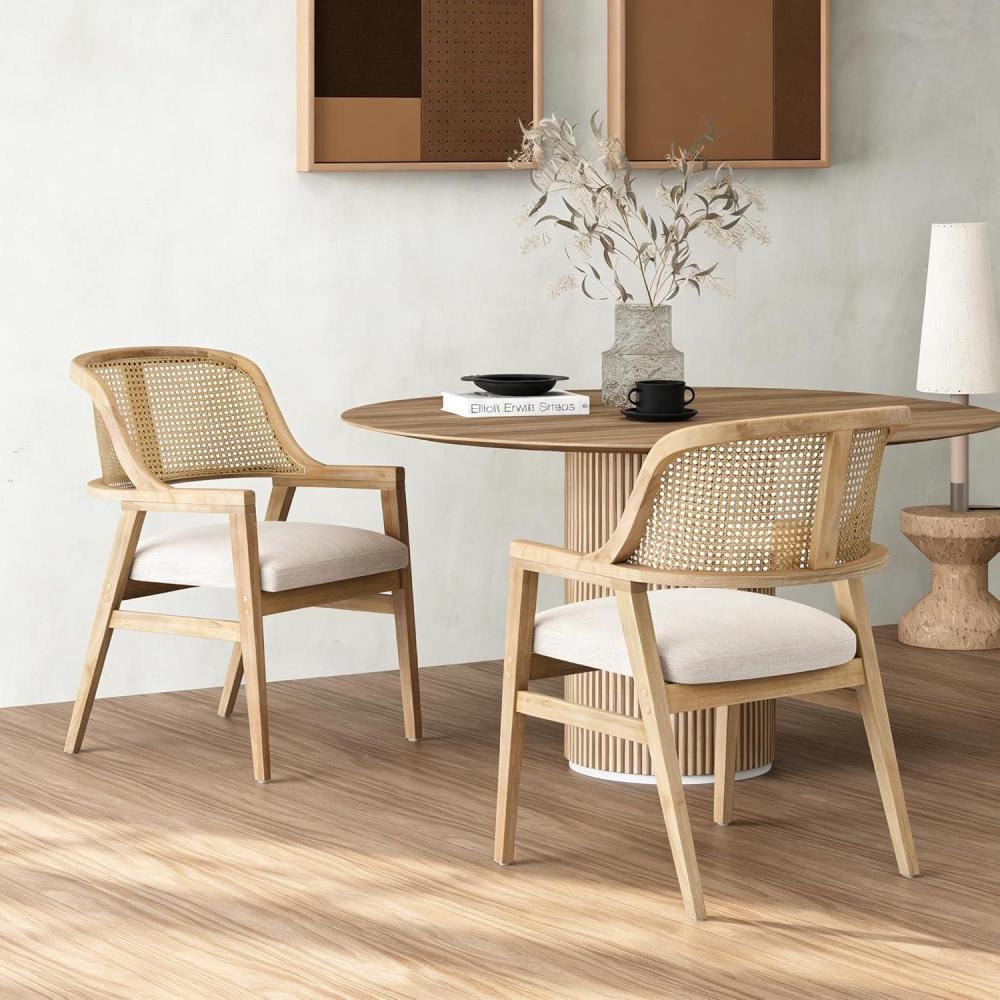image:imageChristopher Knight Home Scout Dining Chairs Set of 2 Modern Dining Chair with Fabric Upholstery Rubberwood Frame Kitchen Arm Chairs with Cane Webbing Back Extra Seat for Dining Room BeigeWalnutBeigenatural
