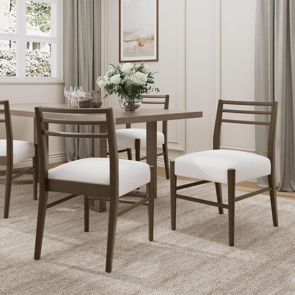 image:imageChristopher Knight Home Set of 2 Edina FarmhouseCountry Fabric Upholstered Dining Chairs Rubberwood Frame Ladder Backrest Kitchen Armless Side Chair ChairThick Cushion Milky WhiteWalnutMilky Whitewalnut