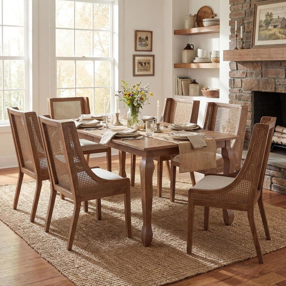 image:imageChristopher Knight Home Spone 7Piece Dining Table Set for 6 Wooden Extendable Dining Room Table Set for 46 People Upholstered Dining Chairs Set with Cane Webbing Beige  Brown  Walnut