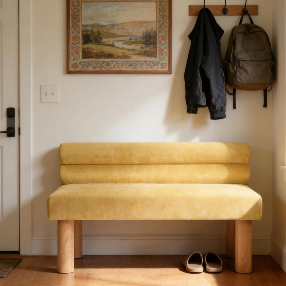 image:imageChristopher Knight Home Wally Fabric Upholstered Dining Bench Long Dining Room Chair Wooden Entryway Bench Bedroom End of Bed Bench YellowNaturalYellownatural
