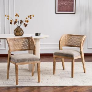 Christopher Knight Home Ashe Upholstered Dining Chairs Set of 2, Modern Dining Chair with Curved Woven Rattan Back, Rubberwood Frame Kitchen Chairs, Extra Seat for Dining Room, Beige + Natural(Light Brown + Natural)