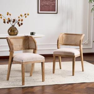 Christopher Knight Home Ashe Upholstered Dining Chairs Set of 2, Modern Dining Chair with Curved Woven Rattan Back, Rubberwood Frame Kitchen Chairs, Extra Seat for Dining Room, Beige + Natural(Beige + Natural)