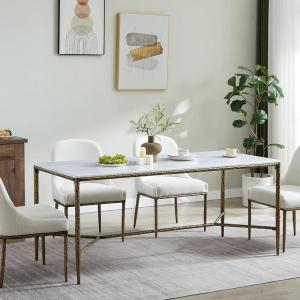 Christopher Knight Home Bessa Modern Dining Table for 6, Wood Dining Room Table with Marble-Effect Top, Spacious Rectangular Kitchen Table with Hand-Forged Hammered Iron Legs, Forged Pewter Gray(Forged Brass Brown)