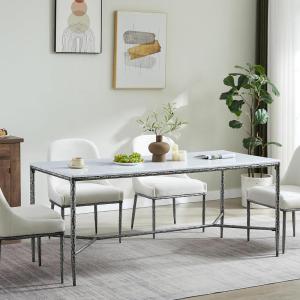 Christopher Knight Home Bessa Modern Dining Table for 6, Wood Dining Room Table with Marble-Effect Top, Spacious Rectangular Kitchen Table with Hand-Forged Hammered Iron Legs, Forged Pewter Gray(Forged Pewter Gray)
