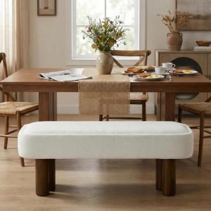 Christopher Knight Home Damas Boucle Upholstered Dining Bench, Wooden Entryway Bench, Long Sofa Footstool for Living Room, Bedroom End of Bed Bench, Khaki+Walnut(Milky White+walnut)