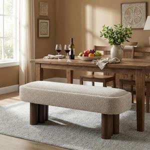 Christopher Knight Home Damas Boucle Upholstered Dining Bench, Wooden Entryway Bench, Long Sofa Footstool for Living Room, Bedroom End of Bed Bench, Khaki+Walnut(Khaki+walnut)