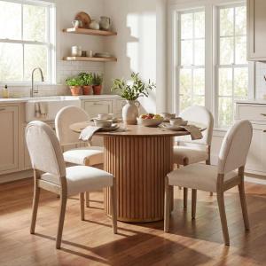 Christopher Knight Home Domira Modern Dining Table Set for 4, 5-Piece Wood Frame Dining Room Table Set, Round Kitchen Table Chairs Set of 4 with Upholstered Armless Chairs, Beige + Walnut(Beige + Light Ash + Natural)