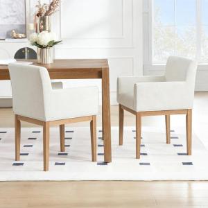 Christopher Knight Home Ellington Upholstered Fabric Dining Chairs Set of 2, Modern Dining Room Arm Chairs with Rubberwood Legs and Padded Seat, Living Room Accent Chair Extra Seat, Beige + Brown(Beig+natural)