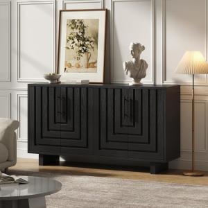 Christopher Knight Home Guke Modern Wooden Kitchen Sideboard Cabinet with Metal Handles, Rectangular Living Room Storage Cabinet with Shelves, Spacious Dining Room Cupboard with 4 Doors, Black(Black)