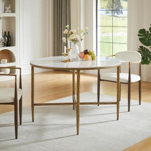 Christopher Knight Home Peyria Modern Dining Table for 4, Round Dining Room Table with Sintered Stone Top, Spacious Kitchen Table with Hand-Forged Hammered Iron Legs, Forged Pewter Gray(Forged Brass Brown)