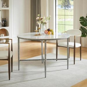 Christopher Knight Home Peyria Modern Dining Table for 4, Round Dining Room Table with Sintered Stone Top, Spacious Kitchen Table with Hand-Forged Hammered Iron Legs, Forged Pewter Gray(Forged Pewter Gray)