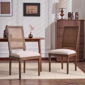 Christopher Knight Home Powell French Country Indoor Dining Chairs Set of 2, Wooden Dining Room Chair with Cane Backrest, High Back Kitchen Seat, Fabric Upholstered Armless Chair, Beige+Walnut(Beige+walnut)