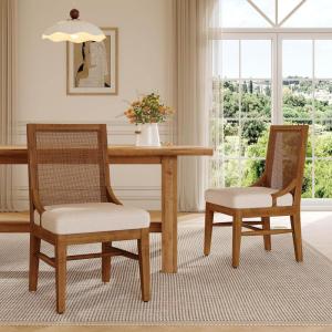 Christopher Knight Home Relinga French Country Upholstered Dining Chairs Set of 2, Wooden Dining Room Armless Chair with Cane Backrest, High Back Kitchen Side Chair, Beige+Natural(Beige+walnut)
