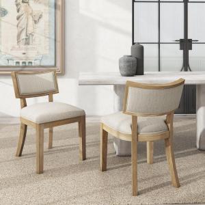 Christopher Knight Home Set of 2 Indoor Fabric Upholstered Armless Dining Chairs with Rubberwood Legs and King Louis Back, Wood Frame Soft Chairs for Dining Room/Kitchen, Restaurant, Natural and Beige