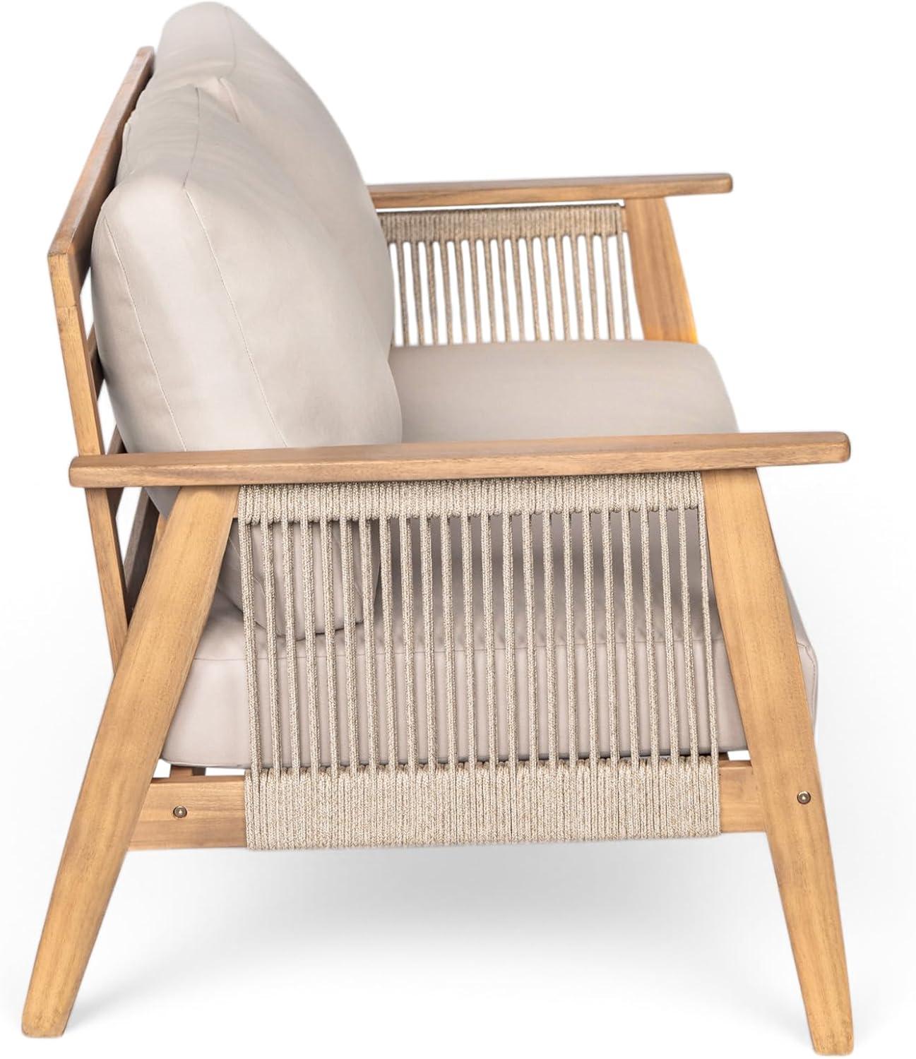 image:imageChristopher Knight Home Alvin Outdoor 2 Pieces Conversation Set Acacia Wood Loveseat Rope Weave Couch Sofa Chair Slat Panel Coffee Table Sofa and Table for Backyard Garden Porch TeakBeige