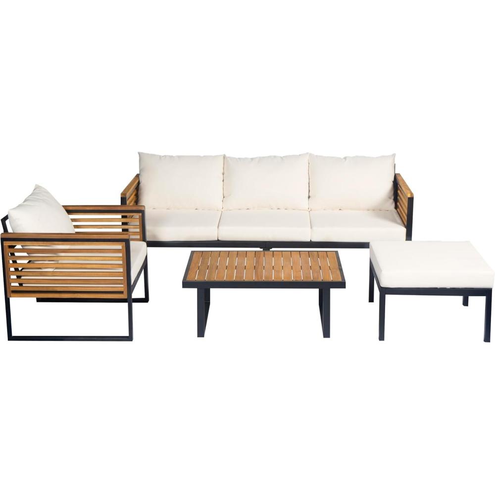 image:imageChristopher Knight Home Alvin 4Piece Acacia Wood Metal Patio Furniture Set Outdoor Sectional Conversation Club Chair Sofa Chat Set with Coffee TableampOttoman for Backyard or Balcony TeakBeigeBlack