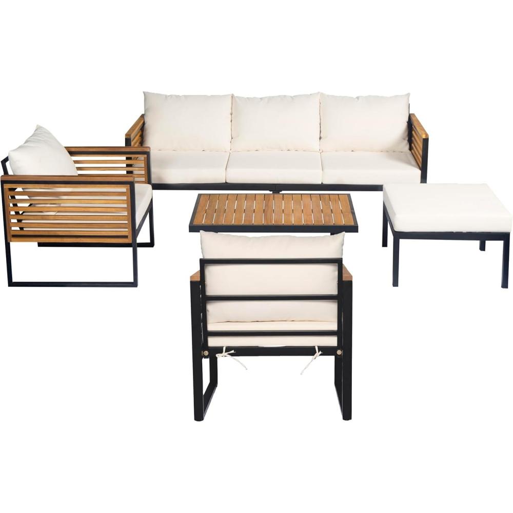 image:imageChristopher Knight Home Alvin 5Piece Acacia Wood Metal Patio Furniture Set Outdoor Sectional Conversation Club Chair Sofa Chat Set with Coffee TableampOttoman for Backyard or Balcony TeakBeigeBlack