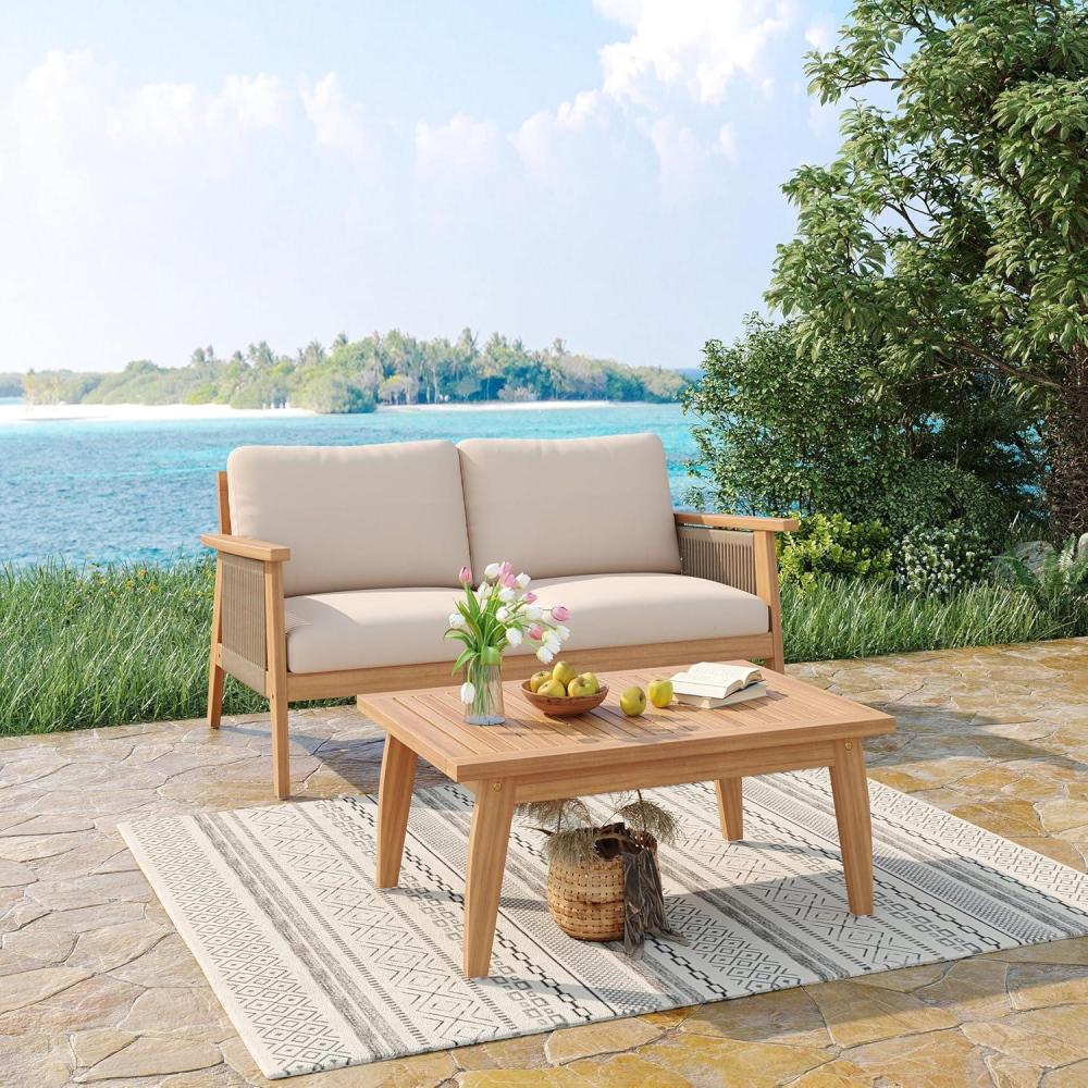 image:imageChristopher Knight Home Alvin Outdoor 2 Pieces Conversation Set Acacia Wood Loveseat Rope Weave Couch Sofa Chair Slat Panel Coffee Table Sofa and Table for Backyard Garden Porch TeakBeige