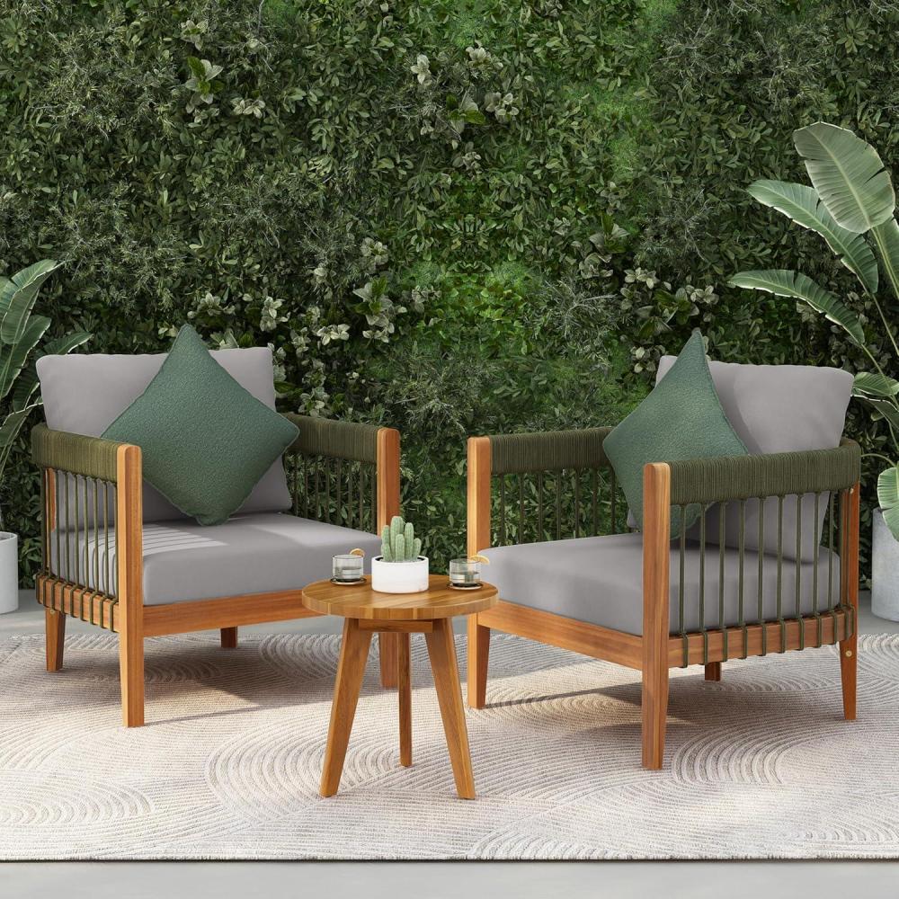 image:imageChristopher Knight Home Nadine Small Round Side Table and Chair Set Acacia Wood Side Table Handwoven Rope Accent Chairs Tub Shaped Club Chairs 3 Pieces Patio Conversation Set for Yard GrayGreengray