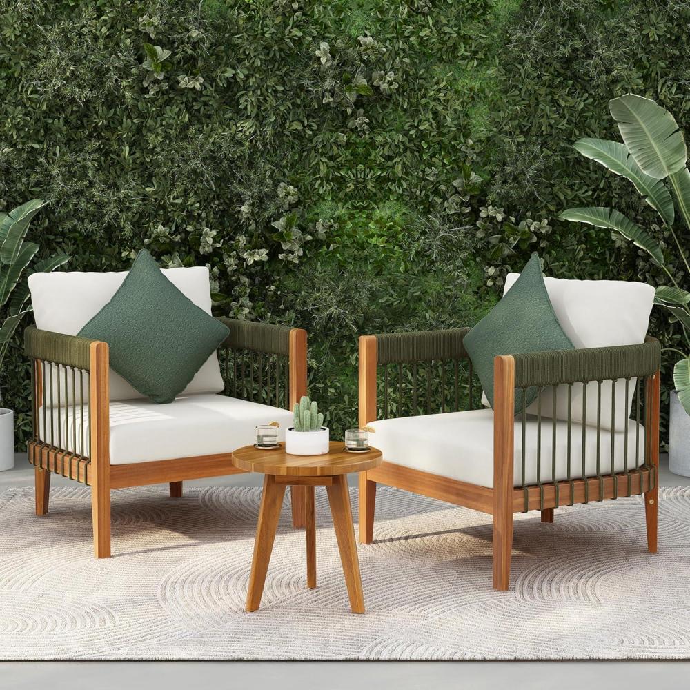 image:imageChristopher Knight Home Nadine Small Round Side Table and Chair Set Acacia Wood Side Table Handwoven Rope Accent Chairs Tub Shaped Club Chairs 3 Pieces Patio Conversation Set for Yard GrayGreenbeige
