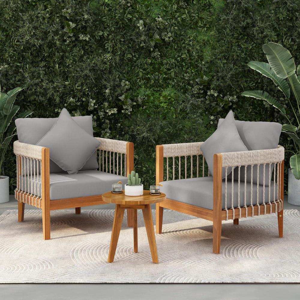 image:imageChristopher Knight Home Nadine Small Round Side Table and Chair Set Acacia Wood Side Table Handwoven Rope Accent Chairs Tub Shaped Club Chairs 3 Pieces Patio Conversation Set for Yard GrayGrey