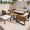 Christopher Knight Home Alvin 5-Piece Acacia Wood Metal Patio Furniture Set, Outdoor Sectional Conversation Club Chair Sofa Chat Set with Coffee Table&Ottoman for Backyard or Balcony, Teak+Beige+Black