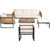 Christopher Knight Home Alvin 5-Piece Acacia Wood Metal Patio Furniture Set, Outdoor Sectional Conversation Club Chair Sofa Chat Set with Coffee Table&Ottoman for Backyard or Balcony, Teak+Beige+Black