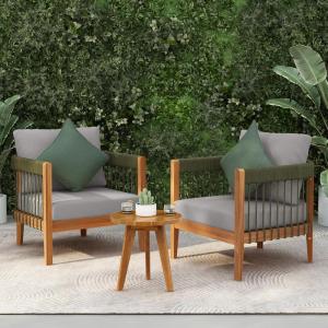 Christopher Knight Home Nadine Small Round Side Table and Chair Set, Acacia Wood Side Table, Handwoven Rope Accent Chairs, Tub Shaped Club Chairs, 3 Pieces Patio Conversation Set for Yard, Gray(Green+gray)