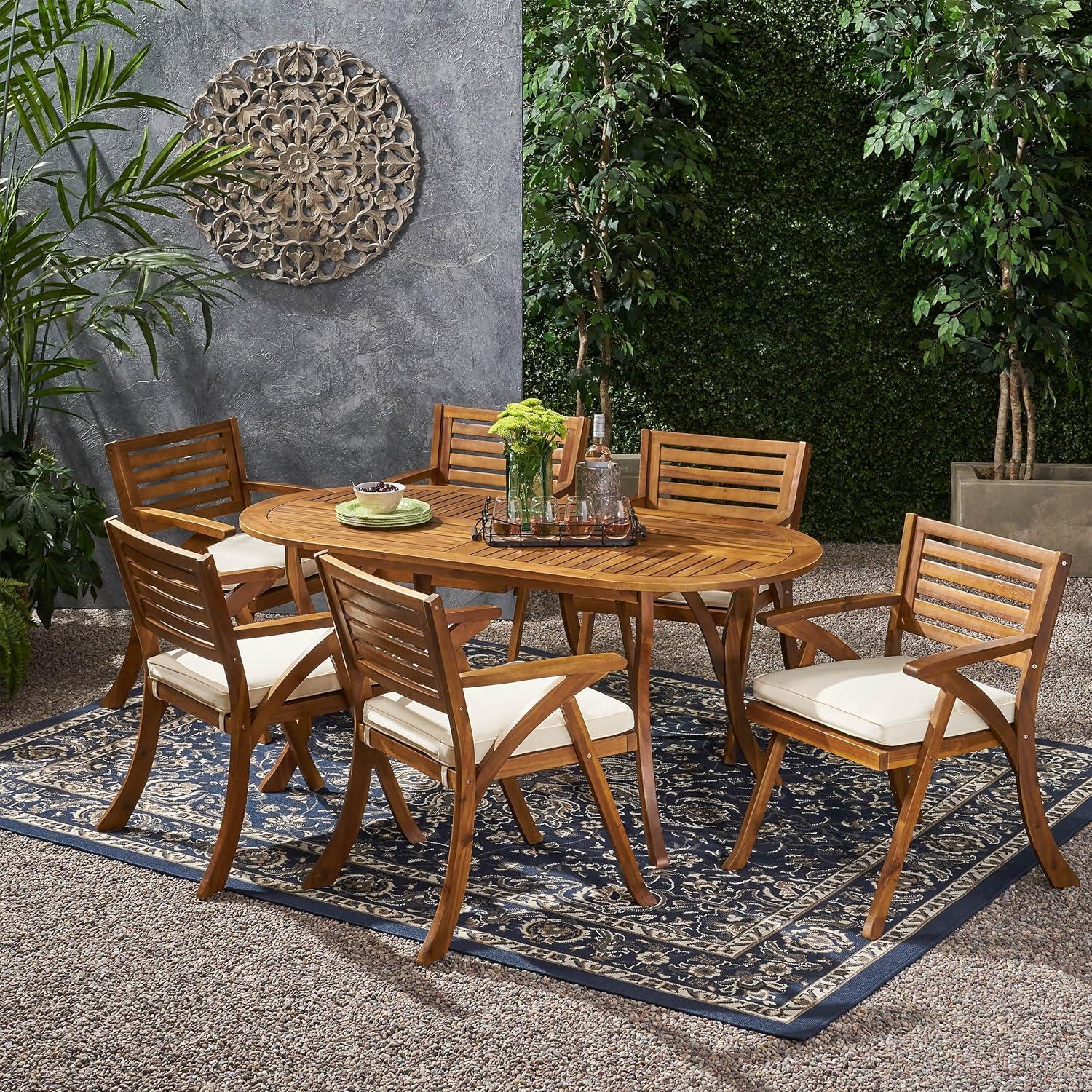 image:imageChristopher Knight Home Outdoor 6 Seater Acacia Wood Oval Dining Set with Cushions Teak and Cream