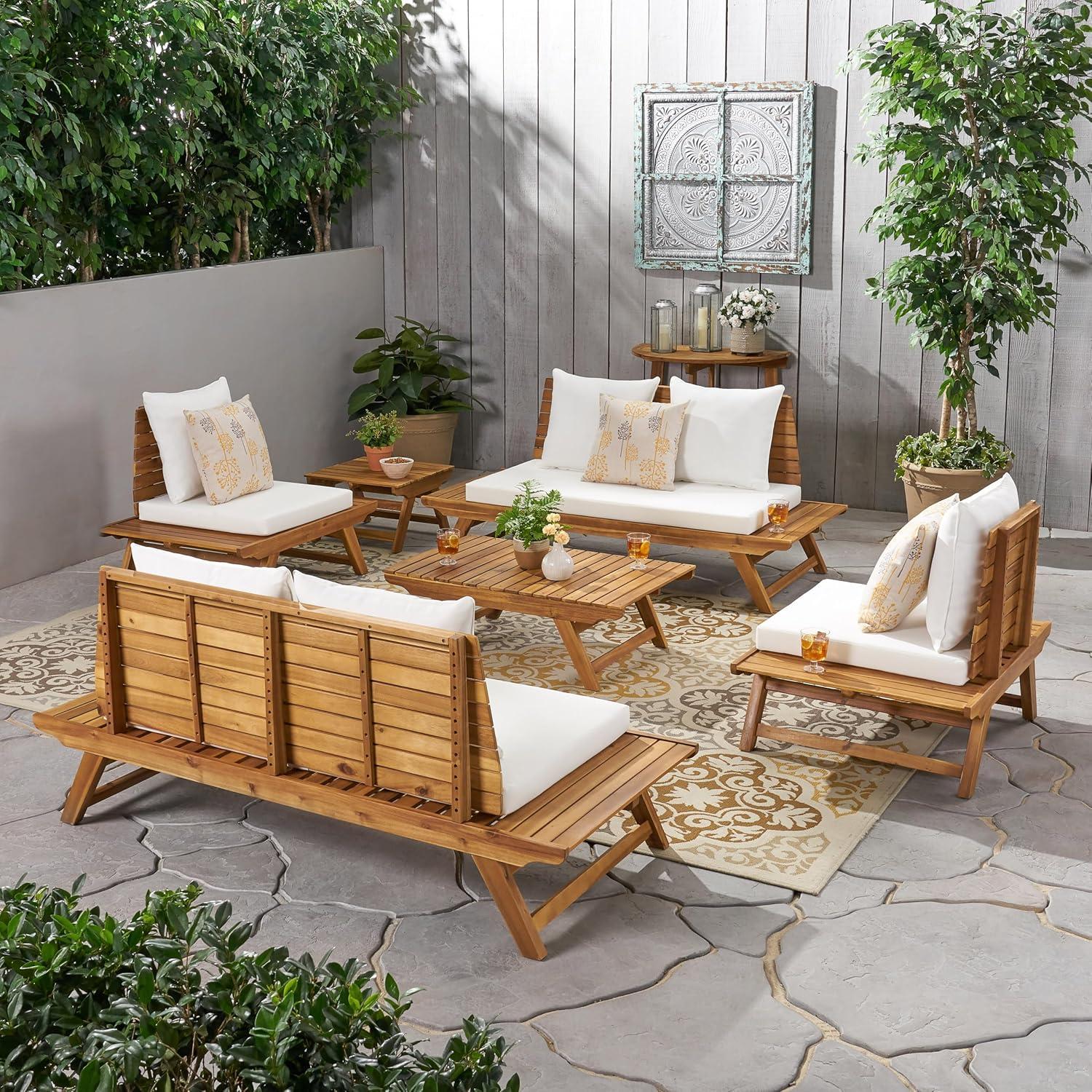 image:imageChristopher Knight Home Outdoor Acacia Wood 6 Seater Chat Set with Side Table and Coffee Table Teak and White