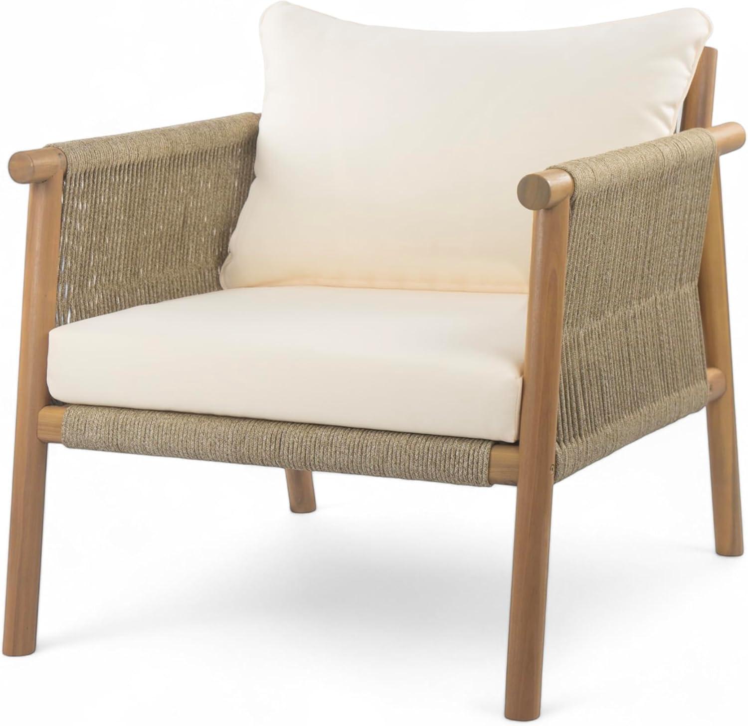 image:imageChristopher Knight Home Posey Modern Patio Wooden Club Chair with Rope Woven ArmrestampBackrest Outdoor Lounge Chair with WeatherResistant Removable Cushions Deep Seating Accent Chair TeakBeige