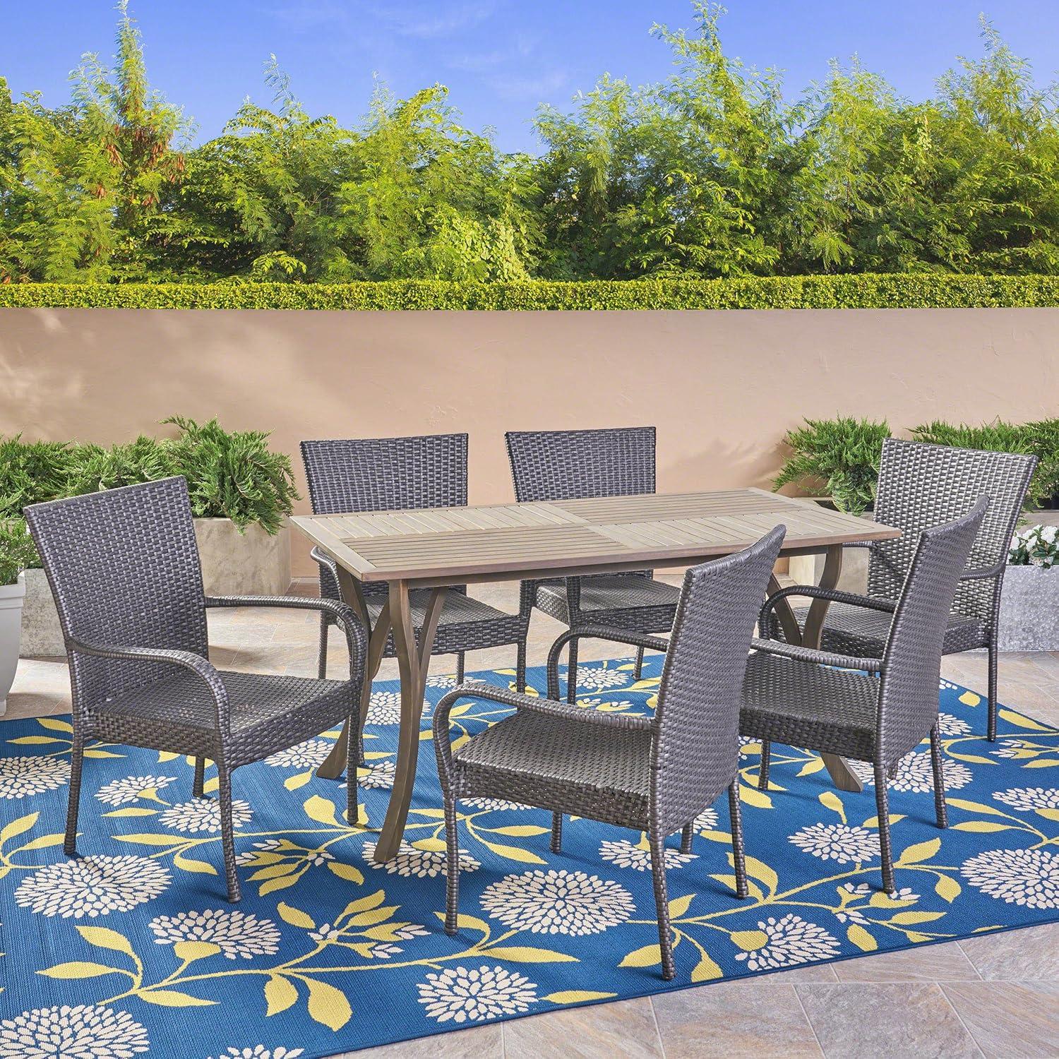 image:imageChristopher Knight Home Robin Outdoor 7 Piece Wood and Wicker Dining Set Gray FinishGray