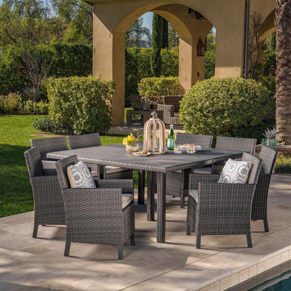image:imageChristopher Knight Home Arcade Outdoor Wicker Square Dining Set with Water Resistant Cushions 9Pcs Set Grey Light Grey Cushion