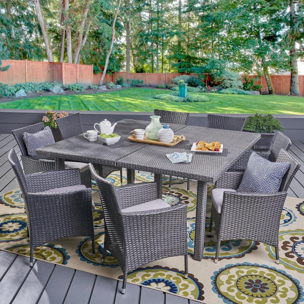 image:imageChristopher Knight Home Aristo Outdoor Wicker Square Dining Set with Water Resistant Cushions 9Pcs Set Grey  Silver Cushions