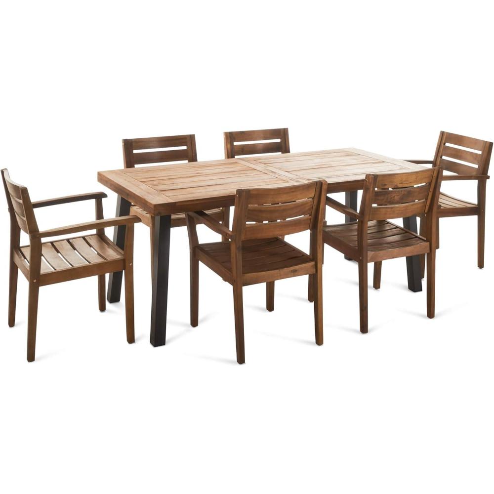 image:imageChristopher Knight Home Avon Outdoor Acacia Wood Dining Set 7Pcs Set Teak Finish With Rustic Metal Accents