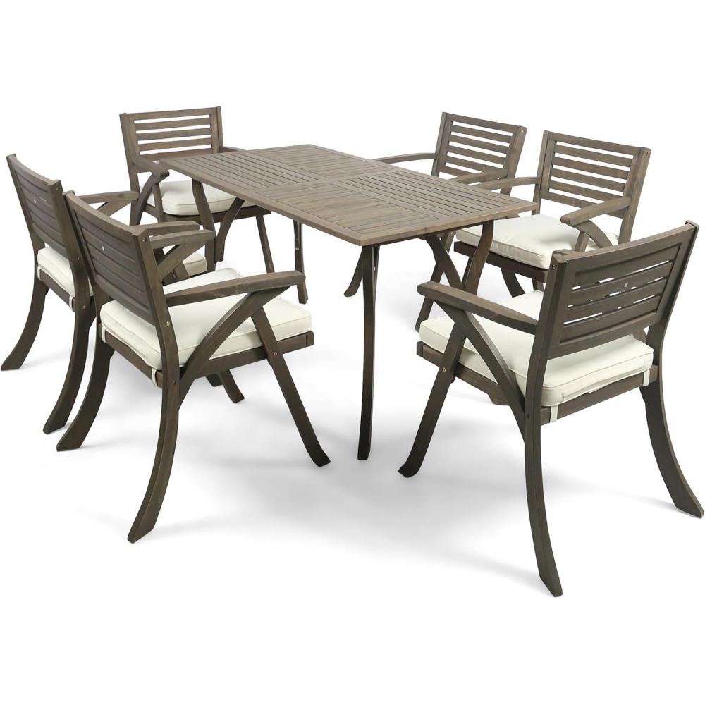 image:imageChristopher Knight Home Baia Outdoor 7 Piece Acacia Wood Dining Set Gray FinishCream