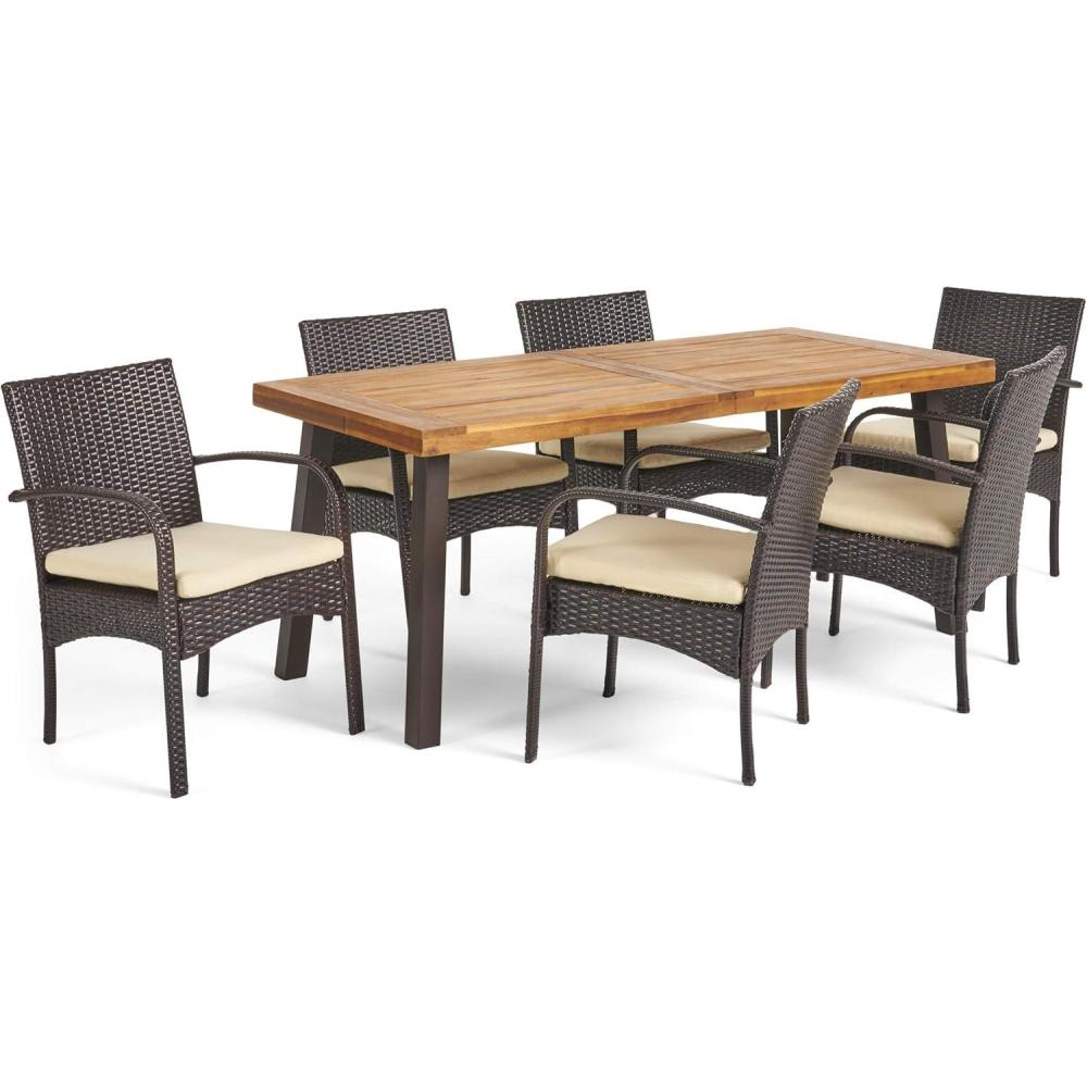 image:imageChristopher Knight Home Bavaro Wicker and Wood Dining Set 7Pcs Set Multibrown Crme Teak Finish With Rustic Metal