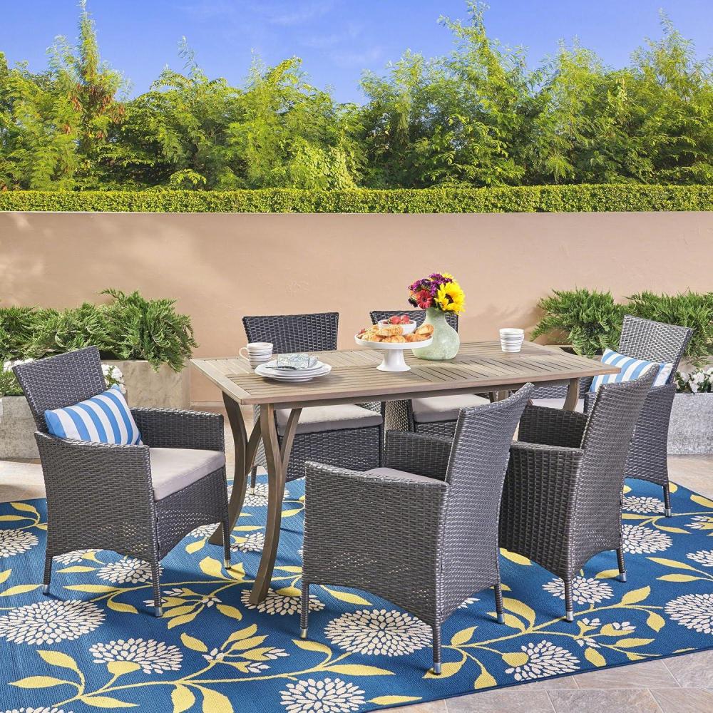 image:imageChristopher Knight Home Carlos Outdoor 7 Piece Wood and Wicker Dining Set Gray FinishGray