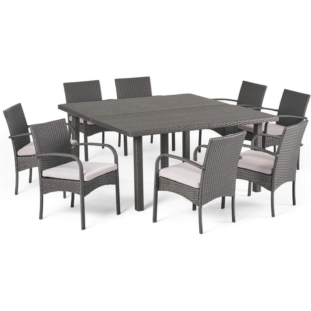 image:imageChristopher Knight Home Chadney Outdoor Wicker Square Dining Set with Water Resistant Cushions 9Pcs Set Grey  Grey Cushions