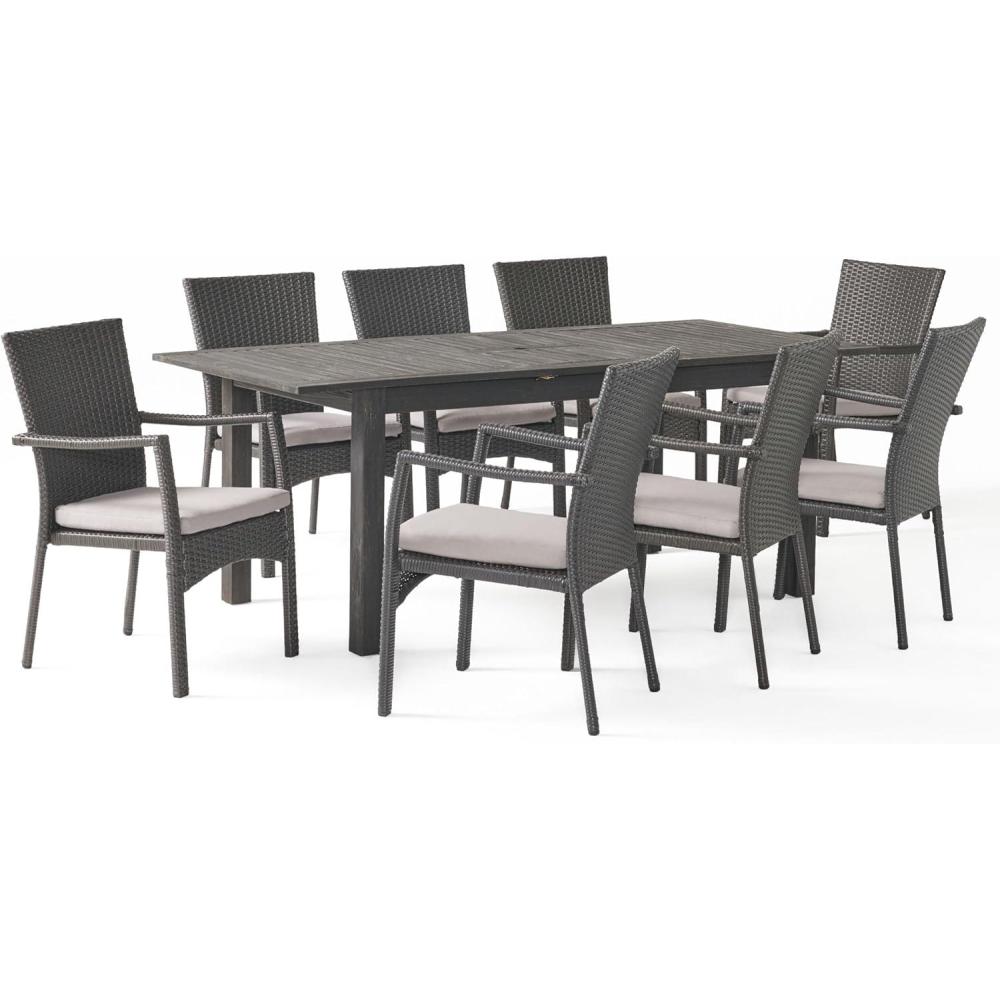 image:imageChristopher Knight Home Davenport Outdoor 9 Piece Wood and Wicker Expandable Dining Set 2225 W x 25 D x 35 H Sandblasted Dark Gray Gray