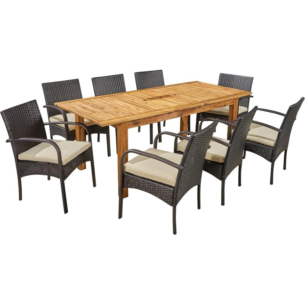 image:imageChristopher Knight Home Elmar Outdoor 9 Piece Acacia Wood and Wicker Expandable Dining Set 221 W x 235 D x 3275 H Sandblasted Natural Brown Multibrown Cream