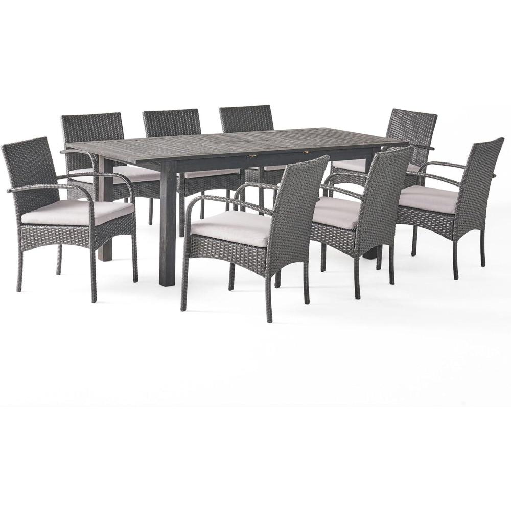 image:imageChristopher Knight Home Elmar Outdoor 9 Piece Wood and Wicker Expandable Dining Set 221 W x 235 D x 3275 H Sandblasted Dark Gray Gray